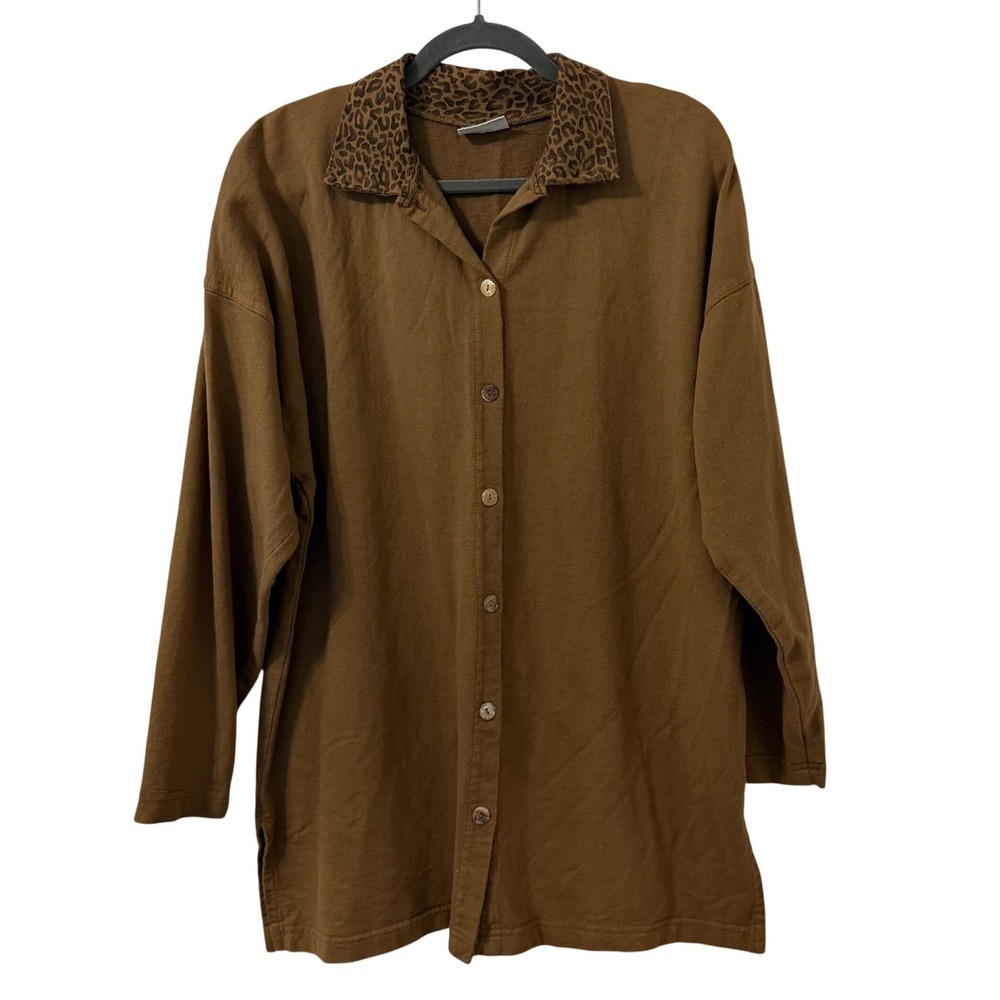 VTG Tropism USA Sweatshirt Tunic M Brown Leopard Animal Print Collar Button Down